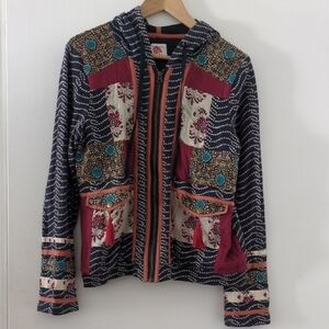 Anthropologie Lilka embroidered zip-up jacket Drawstring Hoodie patchwork Design